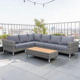 St Lawrence Range Large modular  Corner Sofa Set in Round Grey Rattan with Grey Cushions and Teak Wood Table Top(#GG18)