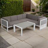 PRE ORDER...Roma Range Right Hand Corner Sofa Set in white Aluminium Frame with Grey Cushions(#AU01)