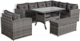 Rattan Republic High Back Elite Corner Sofa Set with Dining Table and Arm Chair, 10-seater Large Rattan Garden Corner Sofa Set (Grey, RHF + Dining table)