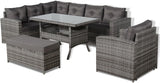 Rattan Republic High Back Elite Corner Sofa Set with DiningTable and Arm Chair, 10-seater Large Rattan Garden Corner Sofa Set (Grey, LHF + Dining table)