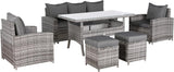 Rattan Republic Florida Range 7-Seater High Back Rattan Garden Dining Set – 3-Seater Sofa, 2 Armchairs, 2 Footstools & Rectangular Dining Table – All-Weather Grey Wicker