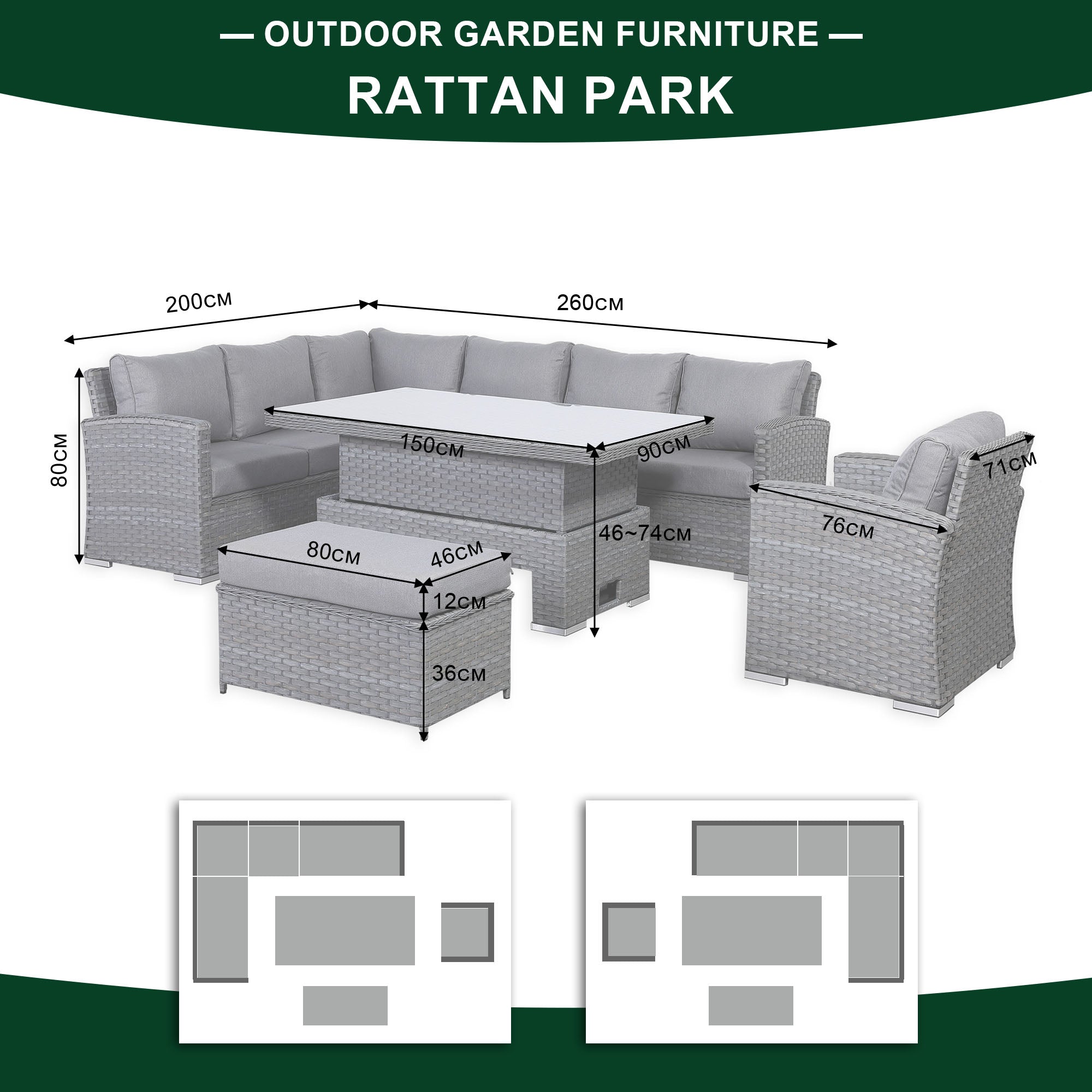 Rattan Park Victoria Modular Corner Set with Rising Table Arm