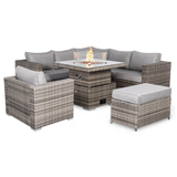 Cambridge Square Corner Sofa Set with Fire Pit Table & Arm Chair in Stone Browne Grey weave（#411F+4AC)