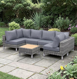 St Lawrence Range U-Shape modular Corner Sofa Set in Round Grey Rattan with Grey Cushions and Teak Wood Table Top(#GG17)