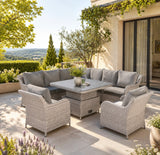 Sicily Aluminium High Back Round Corner Set with Rising Table and Two Chairs in Grey Weave(#911)