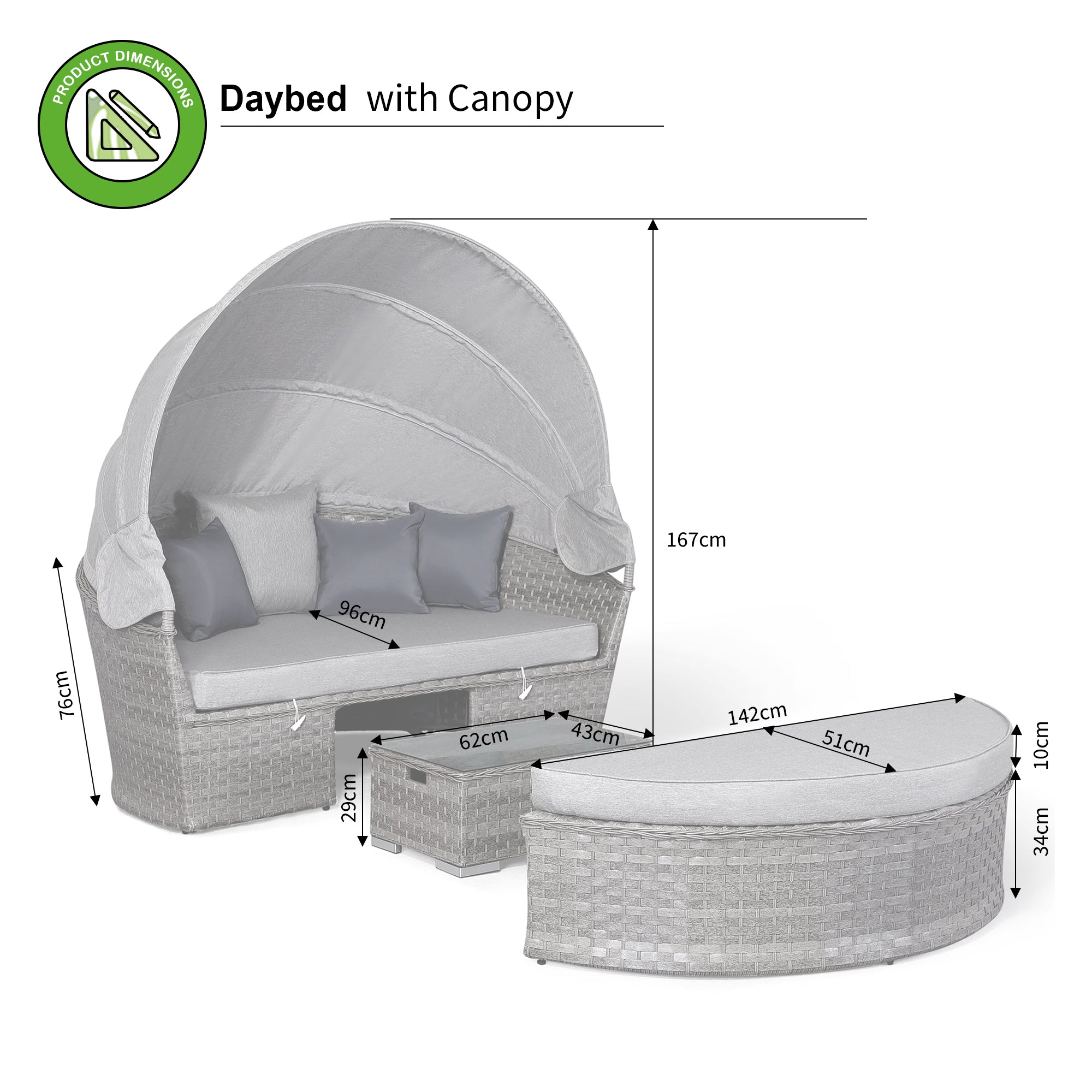Ascot Daybed with Canopy in Stone Grey Weave and Grey Cushions
