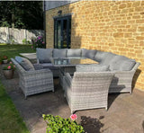 FB9011...Sicily Aluminium High Back Round Corner Set with Rising Table and Two Chairs in Grey Weave