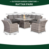 Sicily Aluminium High Back Round Corner Set with Rising Fire Pit Table and Two Chairs in Grey Weave