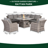 Sicily Aluminium High Back Round Corner Set with Rising Fire Pit Table and Two Chairs in Grey Weave(#911F)