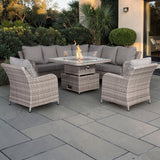 Sicily Aluminium High Back Round Corner Set with Rising Fire Pit Table and Two Chairs in Grey Weave