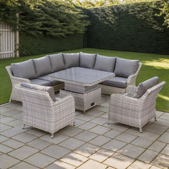 Rattan Park Sicily 2024 Aluminium Round Corner Set with Rising Table and Two Chairs in Grey Weave