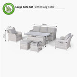 Sicily Range Aluminium Large Sofa Set with Rising Table in Natural Grey Mixed Weave