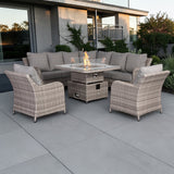 Sicily Aluminium High Back Round Corner Set with Rising Fire Pit Table and Two Chairs in Grey Weave(#911F)