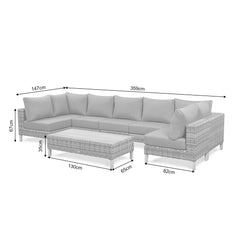 Lawrence Range Large U-Shape Corner Sofa in Round Grey Rattan with Cushions and Teak Wood Table Top