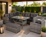 Rattan Republic High Back Elite Corner Sofa Set with DiningTable and Arm Chair, 10-seater Large Rattan Garden Corner Sofa Set (Grey, LHF + Dining table)
