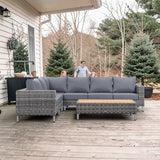 St Lawrence Range Large modular  Corner Sofa Set in Round Grey Rattan with Grey Cushions and Teak Wood Table Top(#GG18)