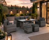 Rattan Republic Florida Range 7-Seater High Back Rattan Garden Dining Set – 3-Seater Sofa, 2 Armchairs, 2 Footstools & Rectangular Dining Table – All-Weather Grey Wicker