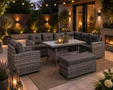 Rattan Republic High Back Elite Corner Sofa Set with Dining Table and Arm Chair, 10-seater Large Rattan Garden Corner Sofa Set (Grey, RHF + Dining table)