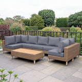 St Lawrence Range Large Modular U-Shape Corner Sofa in Round Brown Rattan with Cushions and Teak Wood Table Top(#BG05)