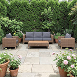 St Lawrence Range Large Modular Sofa Set in Round Brown Rattan with Cushions and Teak Wood Table Top(#BG04)