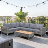 St Lawrence Range Large modular  Corner Sofa Set in Round Grey Rattan with Grey Cushions and Teak Wood Table Top(#GG18)