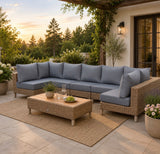 St Lawrence Range Large Modular U-Shape Corner Sofa in Round Brown Rattan with Cushions and Teak Wood Table Top(#BG05)