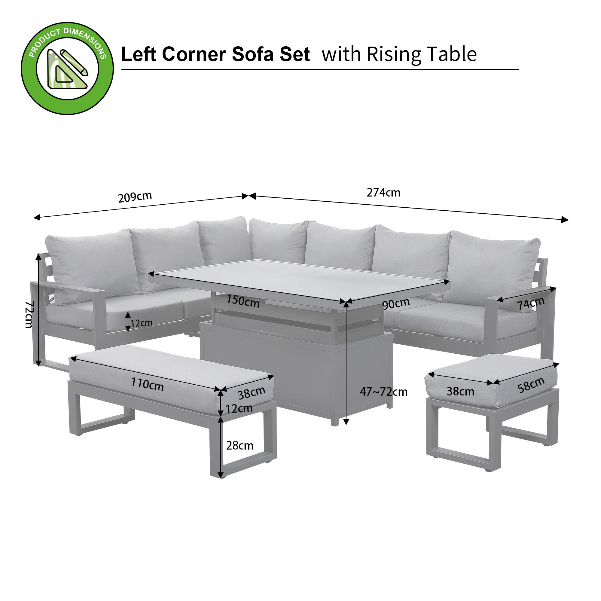 HL01..Halo Range Left Hand Corner Sofa Set - Charcoal Aluminium Frame with Grey cushions