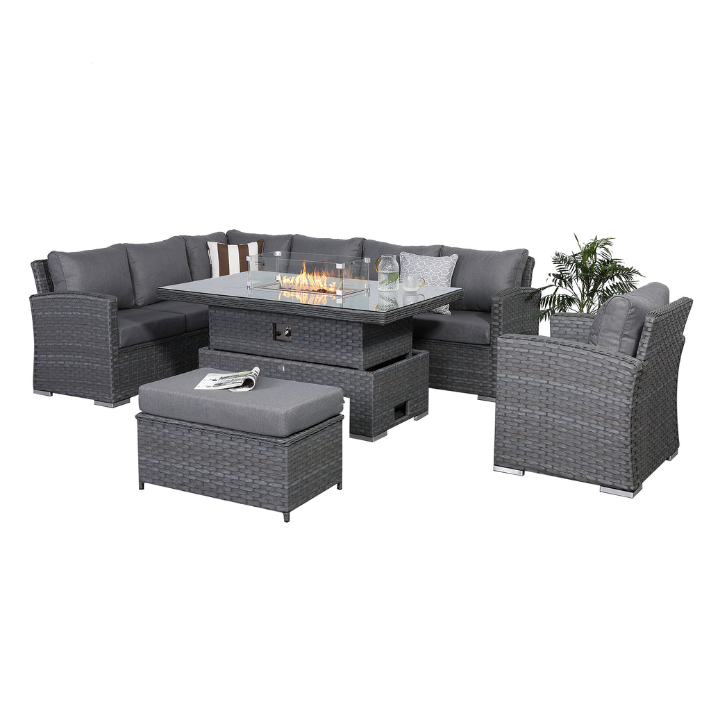 Rattan Park Victoria Modular Corner Set with Fire Pit Table in Grey