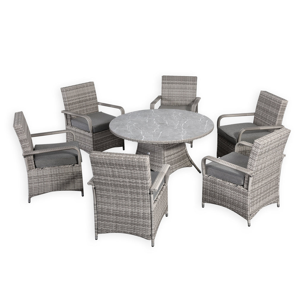 Sicily Range Round Dining Table with 6 Chairs in Light Grey Weave(#908 ...