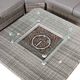 Sicily Aluminium High Back Round Corner Set with Rising Fire Pit Table and Two Chairs in Grey Weave