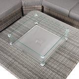 Sicily Aluminium High Back Round Corner Set with Rising Fire Pit Table and Two Chairs in Grey Weave