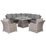 Sicily Aluminium High Back Round Corner Set with Rising Fire Pit Table and Two Chairs in Grey Weave