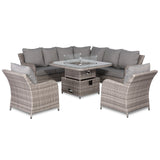 Sicily Aluminium High Back Round Corner Set with Rising Fire Pit Table and Two Chairs in Grey Weave(#911F)