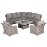 Sicily Aluminium High Back Round Corner Set with Rising Fire Pit Table and Two Chairs in Grey Weave(#911F)