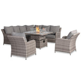 Sicily Aluminium High Back Round Corner Set with Rising Fire Pit Table and Two Chairs in Grey Weave(#911F)