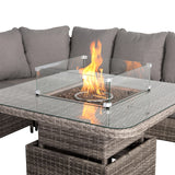 Sicily Aluminium High Back Round Corner Set with Rising Fire Pit Table and Two Chairs in Grey Weave