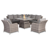 Sicily Aluminium High Back Round Corner Set with Rising Fire Pit Table and Two Chairs in Grey Weave