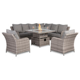 Sicily Aluminium High Back Round Corner Set with Rising Fire Pit Table and Two Chairs in Grey Weave(#911F)
