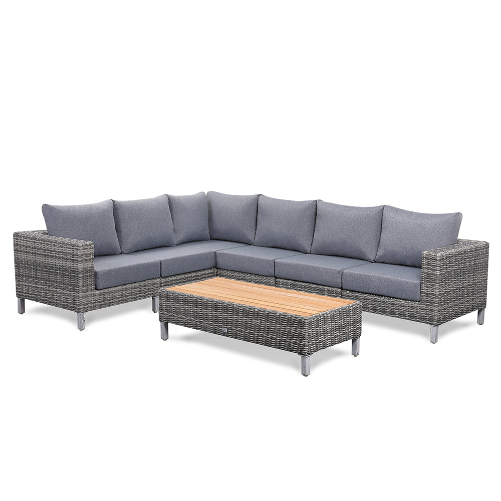 Lawrence Range Large Corner Sofa Set in Round Grey Rattan with Cushions and Teak Wood Table Top