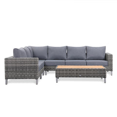 Lawrence Range Large Corner Sofa Set in Round Grey Rattan with Cushions and Teak Wood Table Top