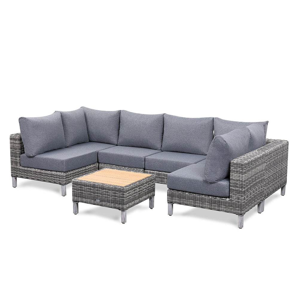 Lawrence Range U-Shape Corner Sofa Set in Round Grey Rattan with Cushions and Teak Wood Table Top