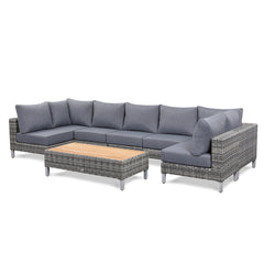 Lawrence Range Large U-Shape Corner Sofa in Round Grey Rattan with Cushions and Teak Wood Table Top