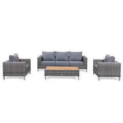 Lawrence Range Large Sofa Set in Round Grey Rattan with Cushions and Teak Wood Table Top
