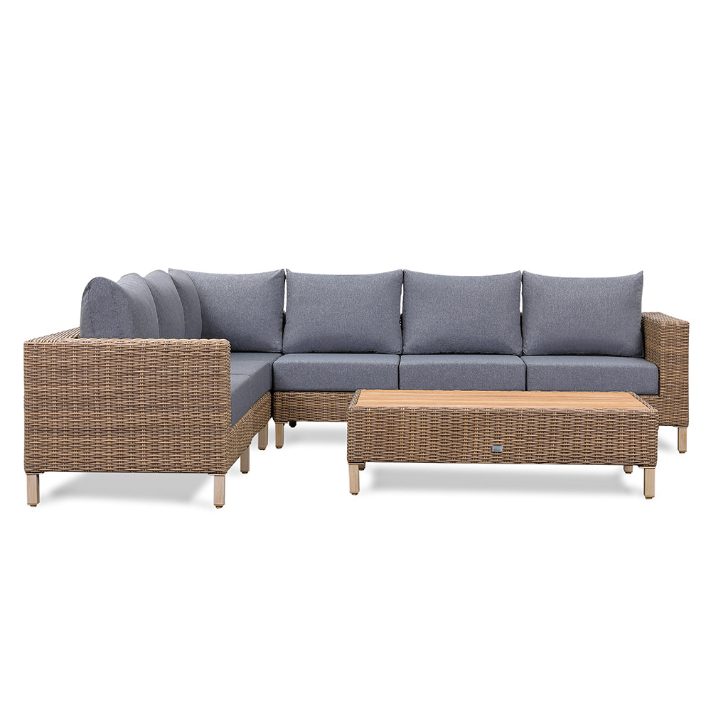 Lawrence Range large Corner Sofa Set in Round Brown Rattan with Cushions and Teak Wood Table Top