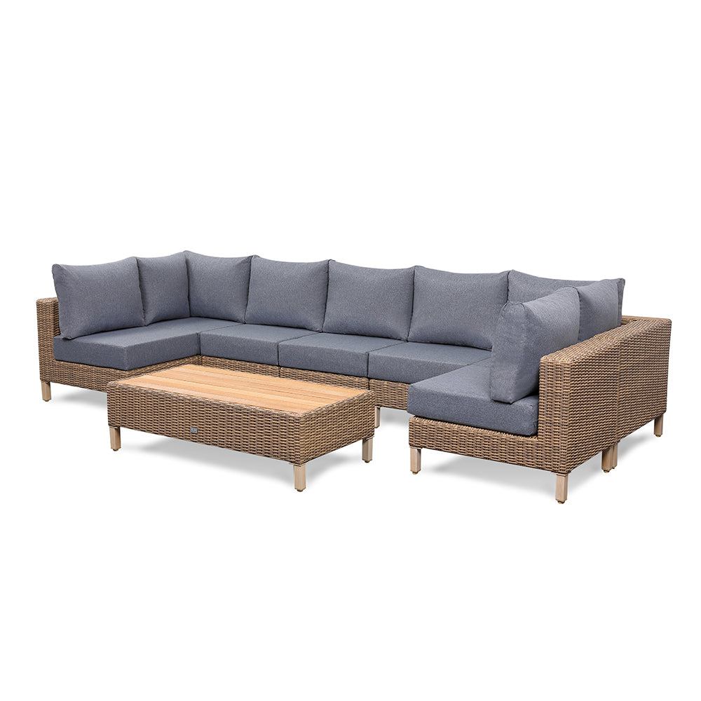 Lawrence Range Large U-Shape Corner Sofa in Round Brown Rattan with Cushions and Teak Wood Table Top