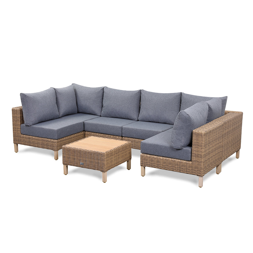 Lawrence Range U-Shape Corner Sofa Set in Round Brown Rattan  with Cushions and Teak Wood Table Top