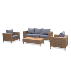 Lawrence Range Large Sofa Set in Round Brown Rattan with Cushions and Teak Wood Table Top