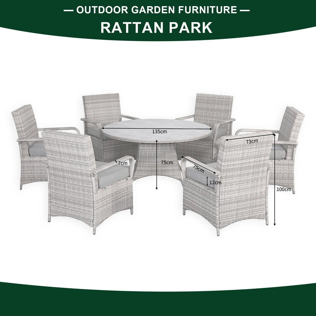 Sicily Range Round Dining Table with 6 Chairs in Light Grey Weave(#908 ...