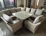 FB684 | Sicily Aluminium High Back Round Corner Set with Rising Table and Two Chairs in Grey Weave