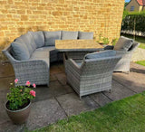 FB9011...Sicily Aluminium High Back Round Corner Set with Rising Table and Two Chairs in Grey Weave